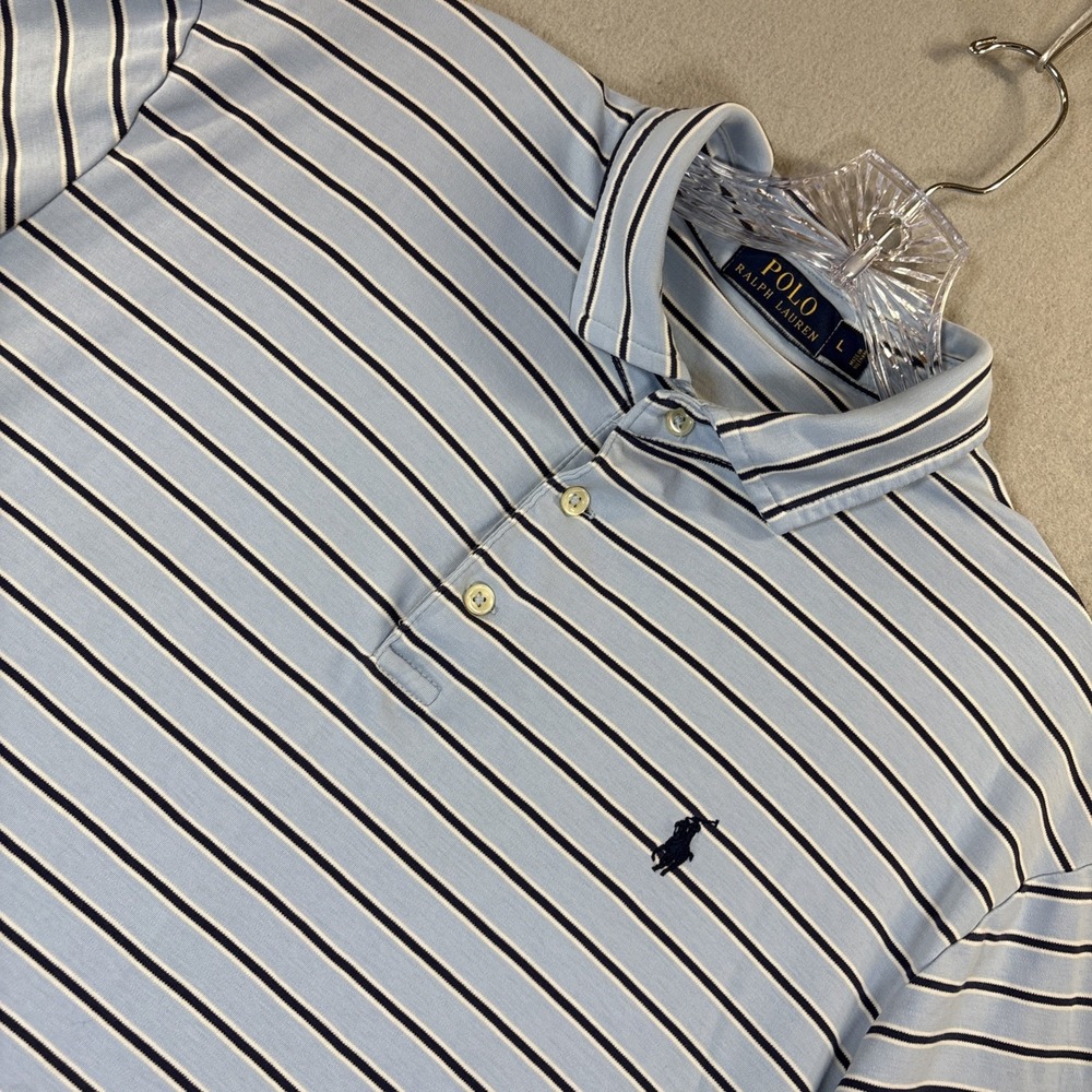 Polo Ralph Lauren Golf Shirt Mens Large Blue Striped Tennis Short Sleeve